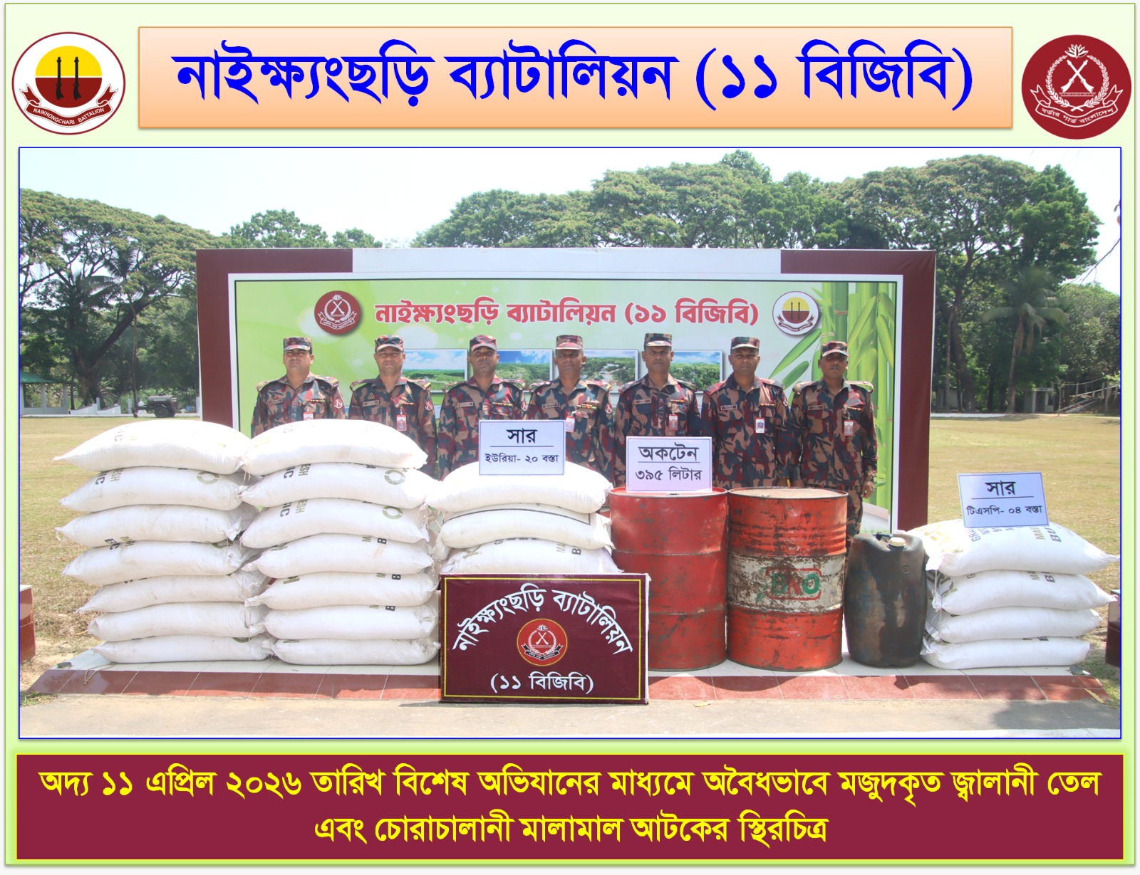 BGB Seizes Yaba, Mine-Like Objects, Fuel and Chemicals in Separate Drives in Ramu and Naikhongchhari